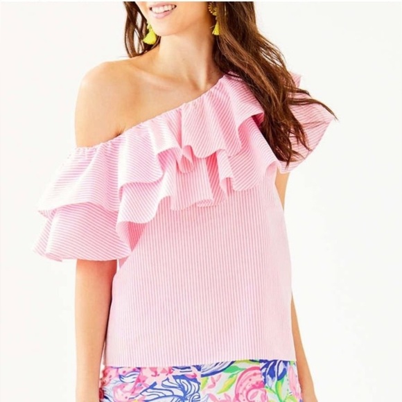 Lilly Pulitzer Trixie One Shoulder Ruffle Top Havana Pink Seersucker Size Medium - Picture 7 of 9